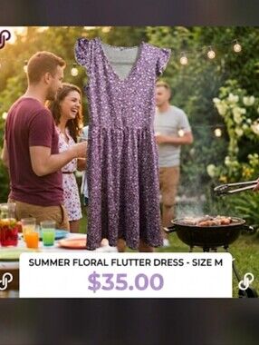 Purple Floral Flutter Sleeve Dress, Size M